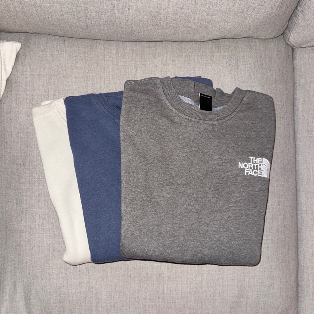 The North Face Gray, Blue, and Cream Sweatshirts